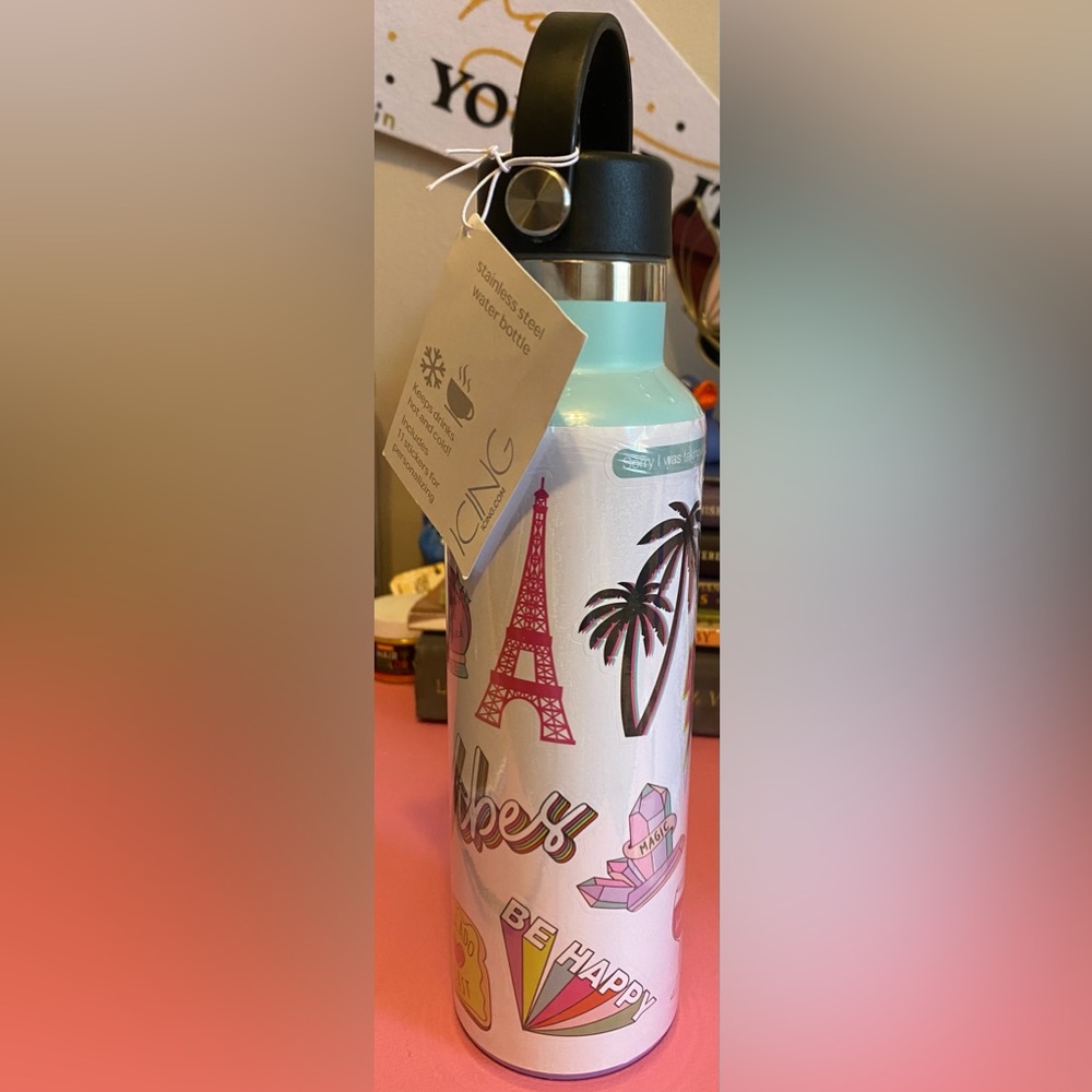 Icing Stainless Steel 20oz Water Bottle W/ Stickers, Keeps Drinks Hot & Cold
